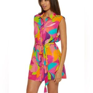 Trina Turk Lilleth Tropical Sleeveless Shirt Dress Waist Tie Tassel Sz M Beach